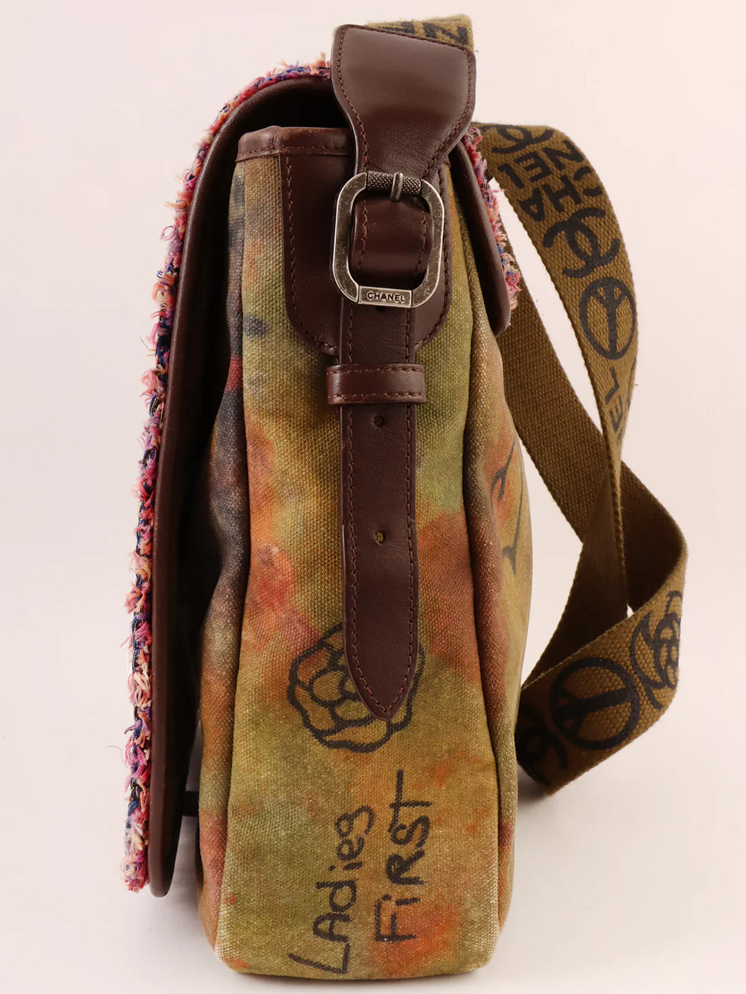 Chanel Around 2014 Made Canvas Tweed Combination Embroidery Shoulder Bag Khaki/Multi