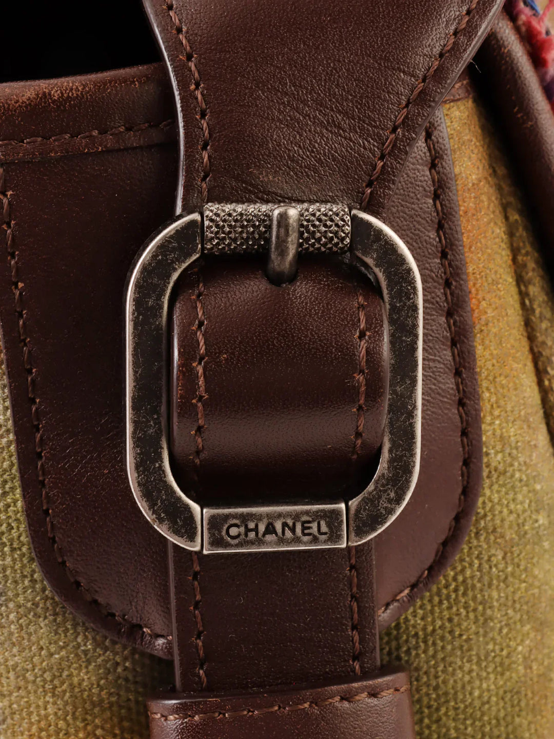 Chanel Around 2014 Made Canvas Tweed Combination Embroidery Shoulder Bag Khaki/Multi