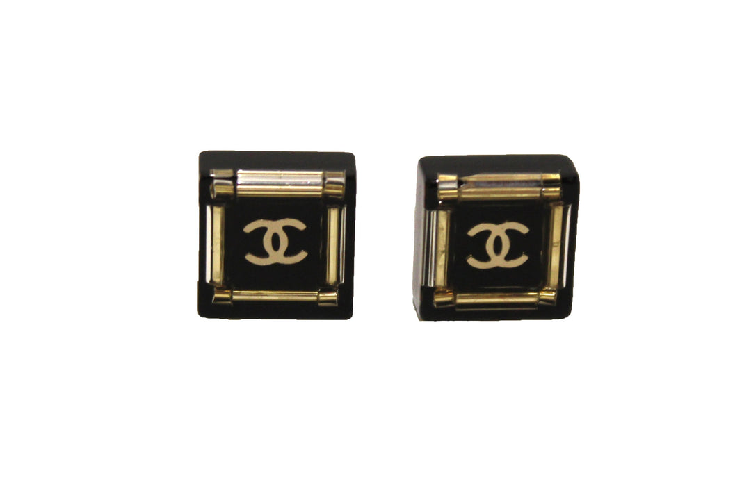 chanel black and gold cc resin square timeless classic earrings | Shop Now at Italystation.com