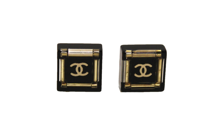 chanel black and gold cc resin square timeless classic earrings | Shop Now at Italystation.com