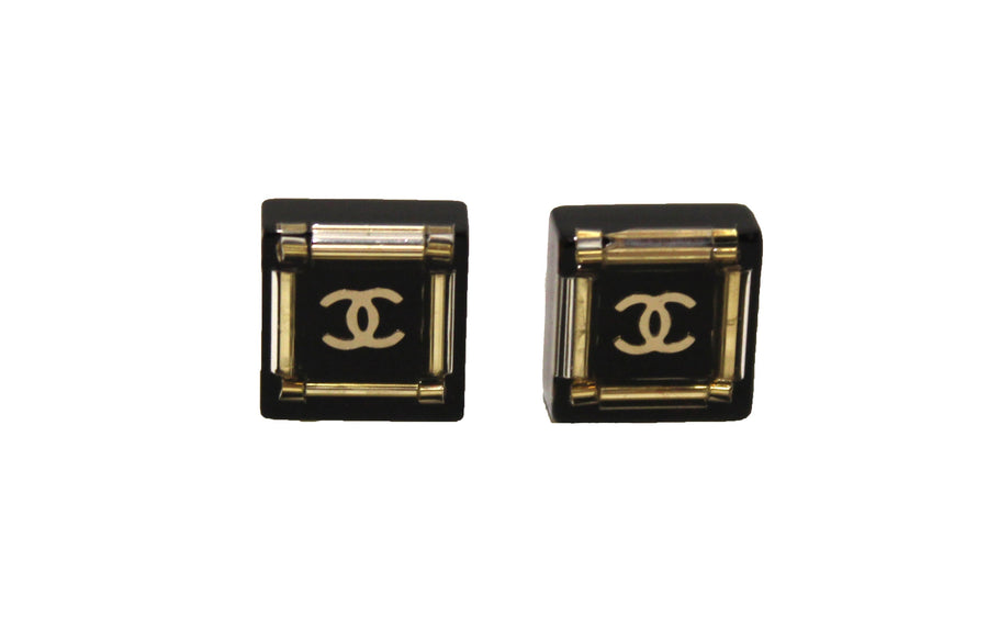 chanel black and gold cc resin square timeless classic earrings | Shop Now at Italystation.com