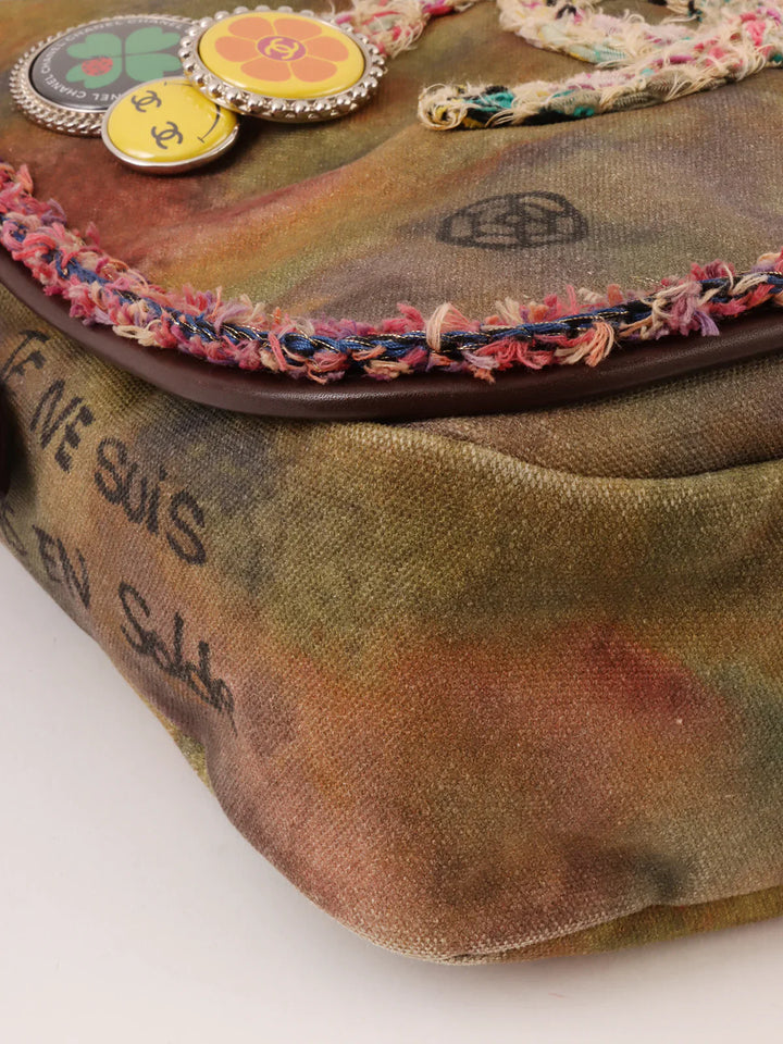 Chanel Around 2014 Made Canvas Tweed Combination Embroidery Shoulder Bag Khaki/Multi