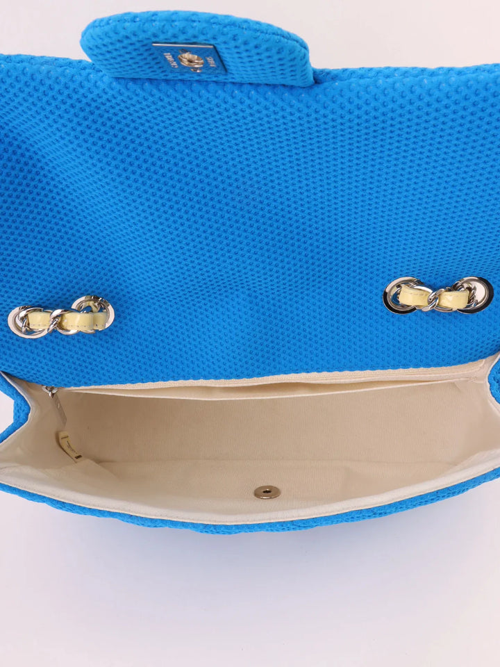 Chanel Around 2009 Made Cotton Patent Combination Turn-Lock Chain Shoulder Bag Blue/Cream