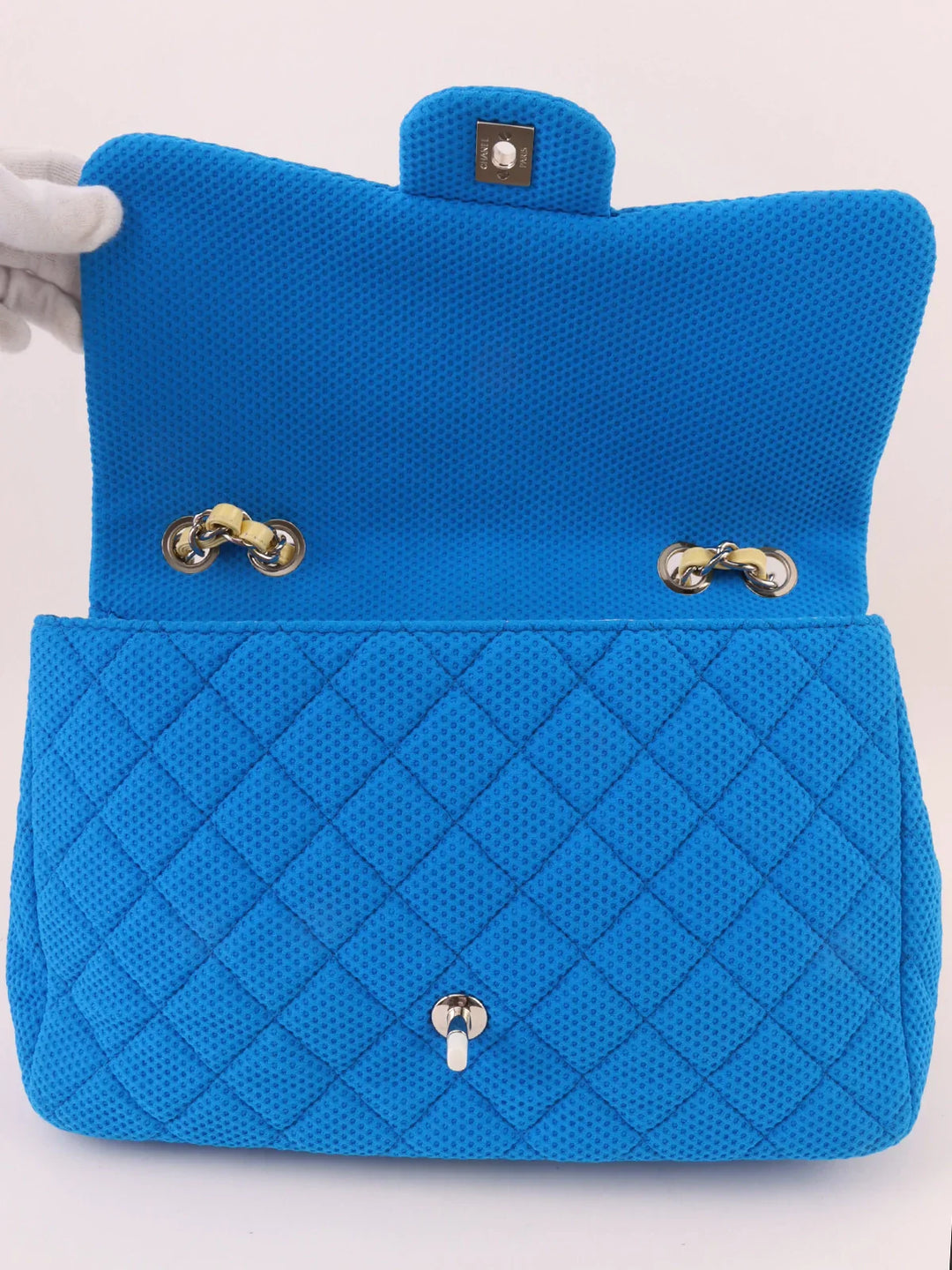 Chanel Around 2009 Made Cotton Patent Combination Turn-Lock Chain Shoulder Bag Blue/Cream