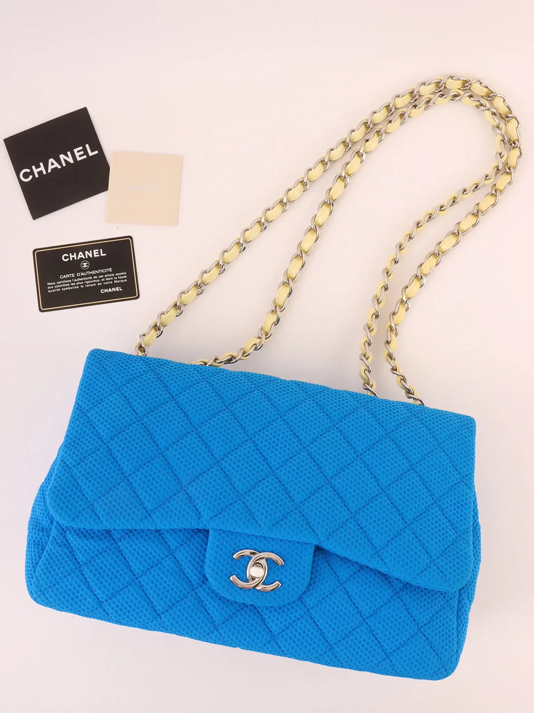 Chanel Around 2009 Made Cotton Patent Combination Turn-Lock Chain Shoulder Bag Blue/Cream