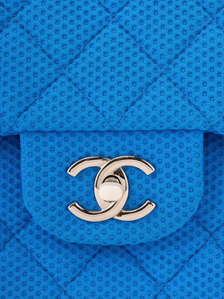 Chanel Around 2009 Made Cotton Patent Combination Turn-Lock Chain Shoulder Bag Blue/Cream