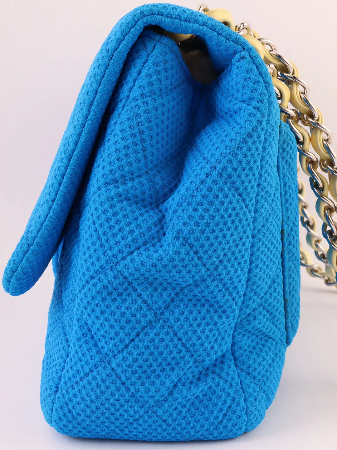 Chanel Around 2009 Made Cotton Patent Combination Turn-Lock Chain Shoulder Bag Blue/Cream