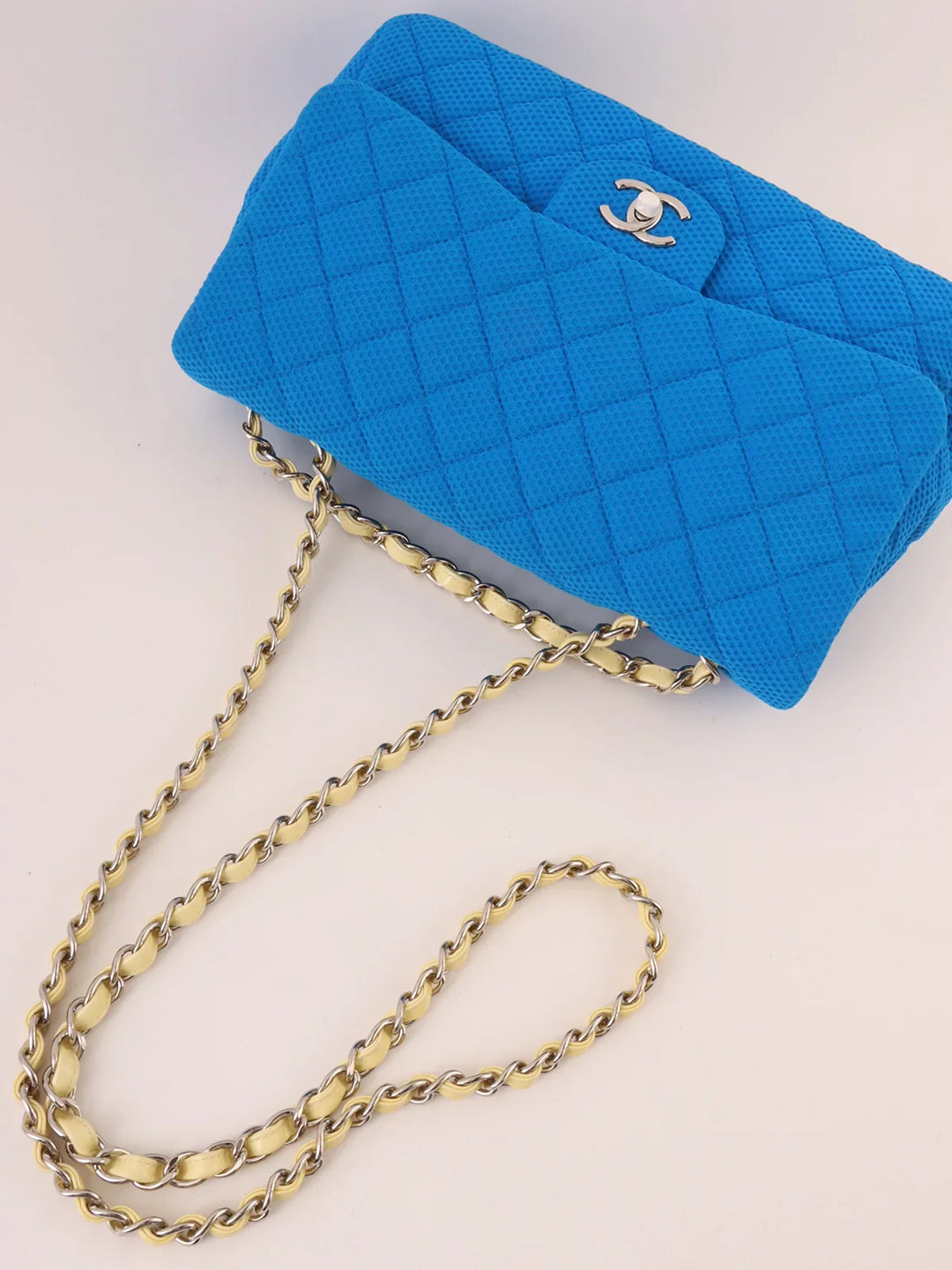 Chanel Around 2009 Made Cotton Patent Combination Turn-Lock Chain Shoulder Bag Blue/Cream
