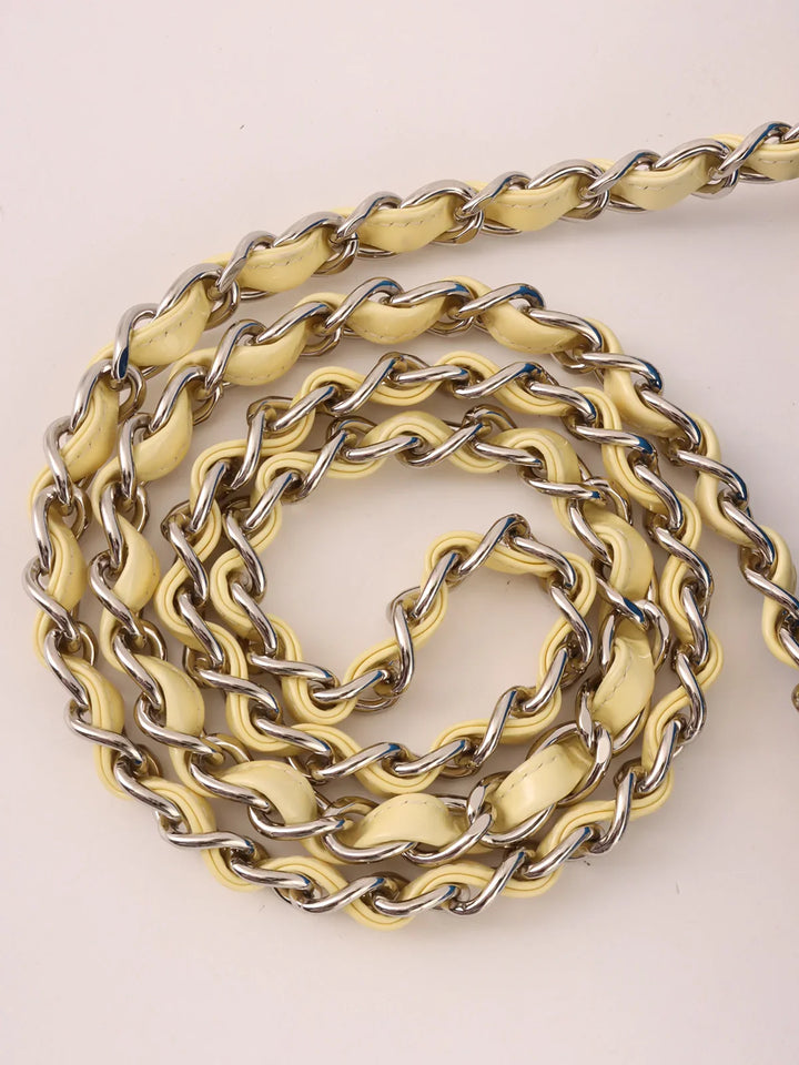 Chanel Around 2009 Made Cotton Patent Combination Turn-Lock Chain Shoulder Bag Blue/Cream