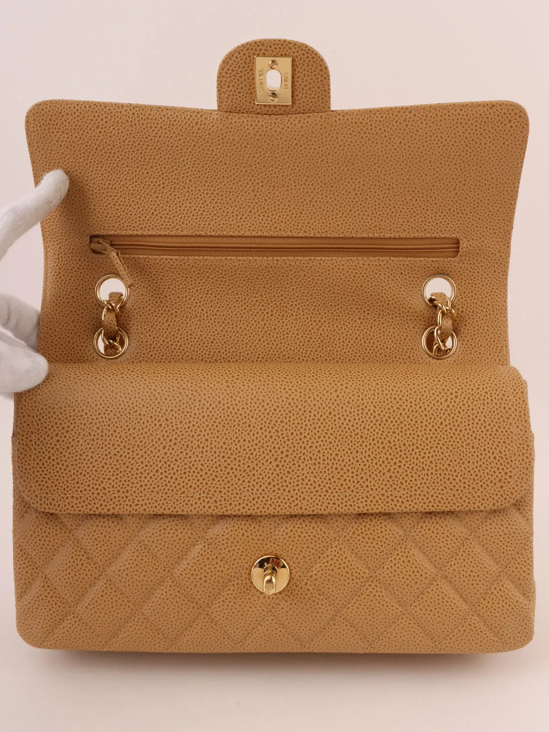 Chanel Around 2001 Made Caviar Skin Classic New Chain Bag 25Cm Beige