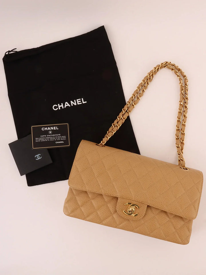 Chanel Around 2001 Made Caviar Skin Classic New Chain Bag 25Cm Beige