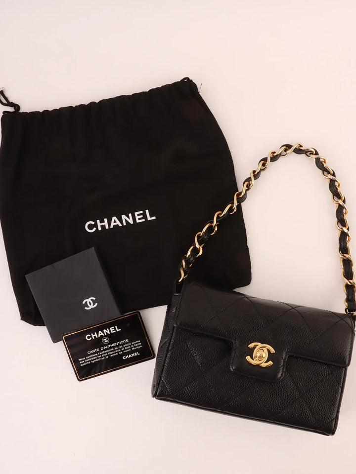 Chanel Around 2000 Made Caviar Skin Design New Turn-Lock Mini Chain Top Handle Bag Black