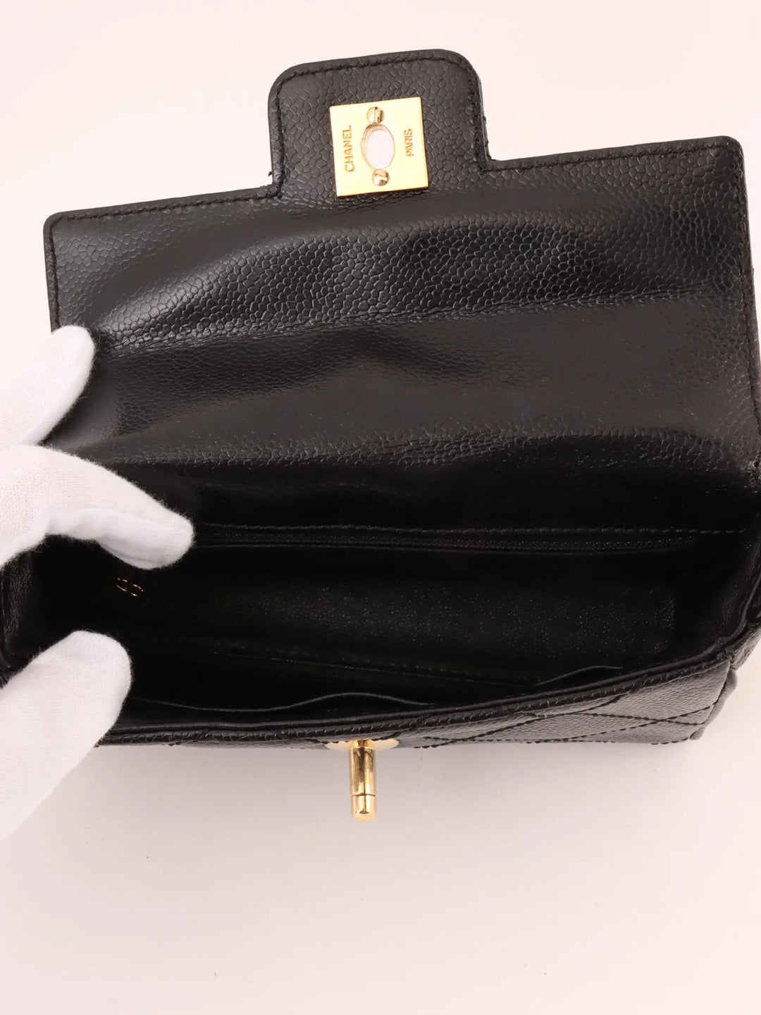 Chanel Around 2000 Made Caviar Skin Design New Turn-Lock Mini Chain Top Handle Bag Black