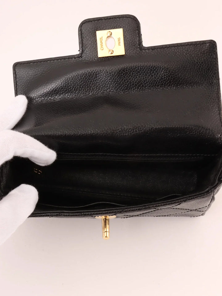 Chanel Around 2000 Made Caviar Skin Design New Turn-Lock Mini Chain Top Handle Bag Black