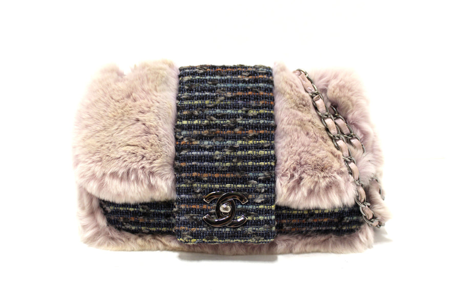 Vintage Chanel Lilac Purple Fur Blue Tweed Flap Chain Shoulder Bag | Italystation.com