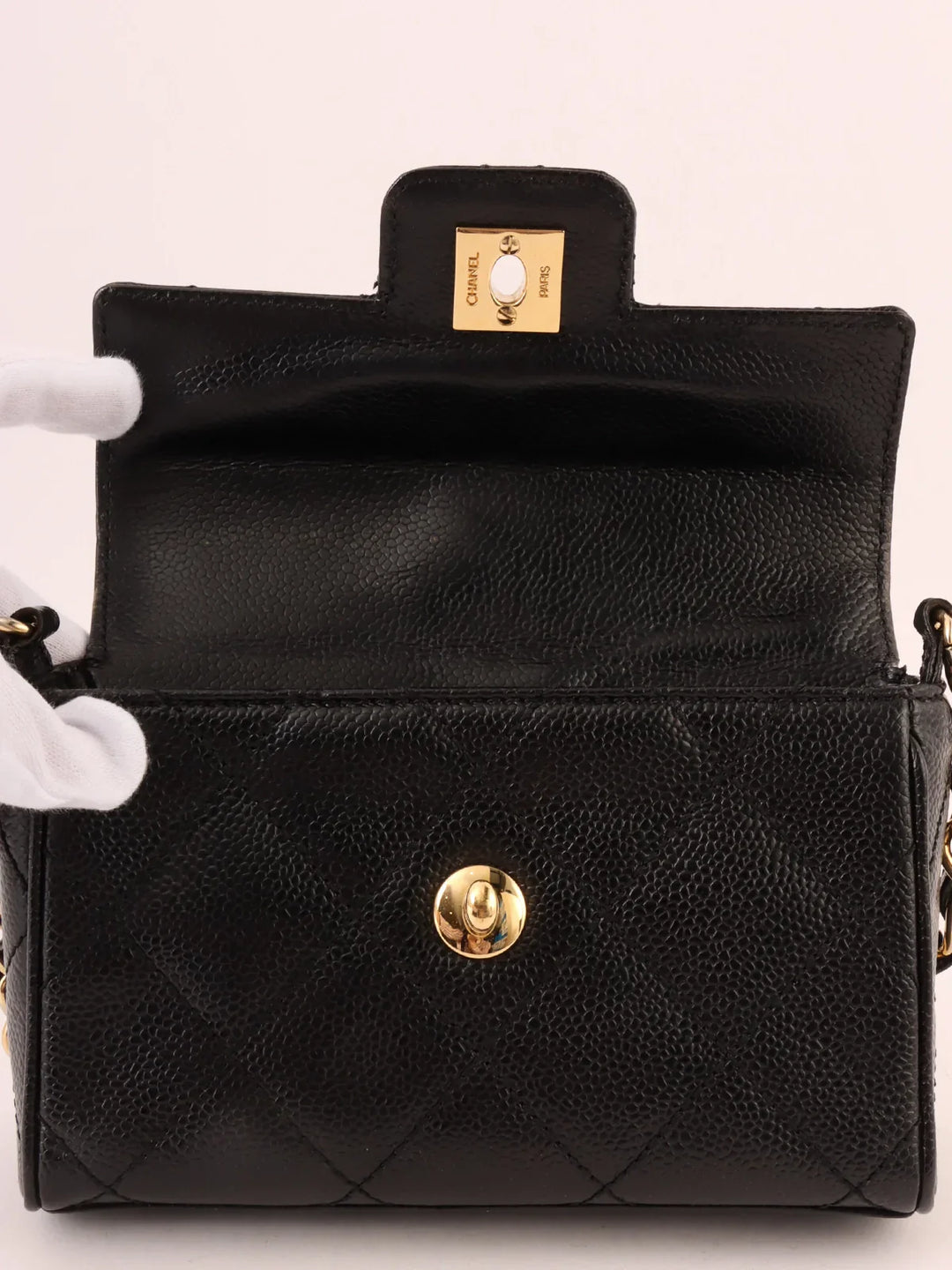 Chanel Around 2000 Made Caviar Skin Design New Turn-Lock Mini Chain Top Handle Bag Black