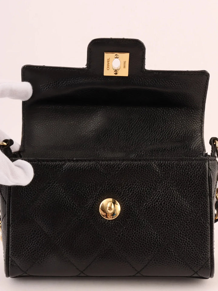 Chanel Around 2000 Made Caviar Skin Design New Turn-Lock Mini Chain Top Handle Bag Black