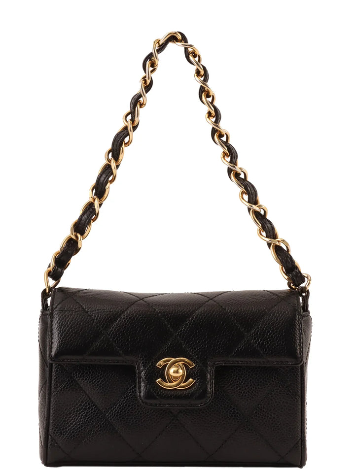 Chanel Around 2000 Made Caviar Skin Design New Turn-Lock Mini Chain Top Handle Bag Black