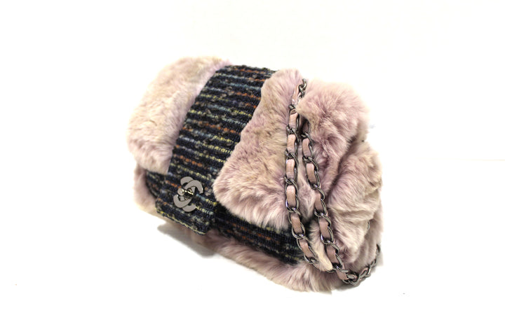 Vintage Top Quality Chanel Lilac Purple Fur Blue Tweed Flap Chain Shoulder Bag