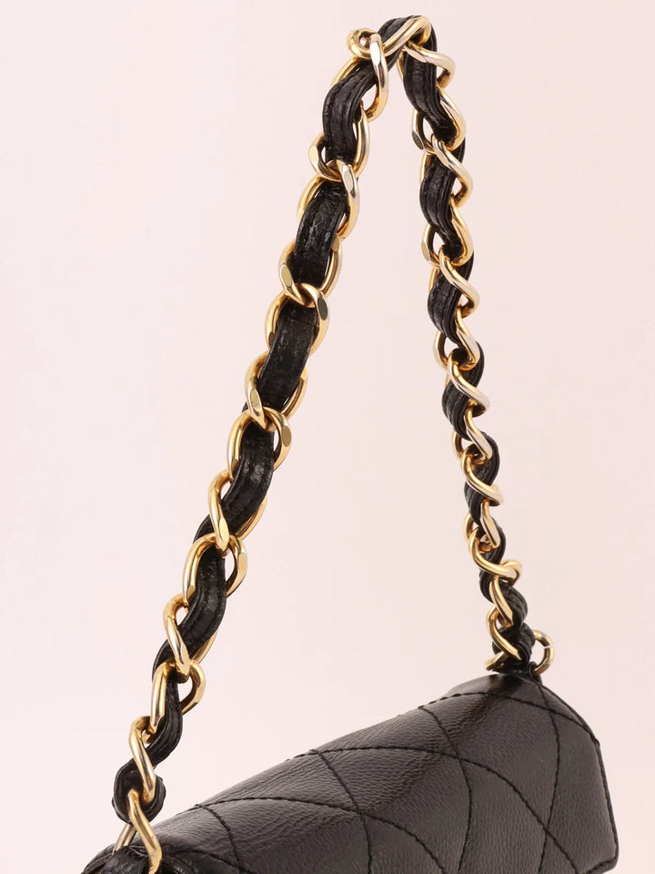 Chanel Around 2000 Made Caviar Skin Design New Turn-Lock Mini Chain Top Handle Bag Black