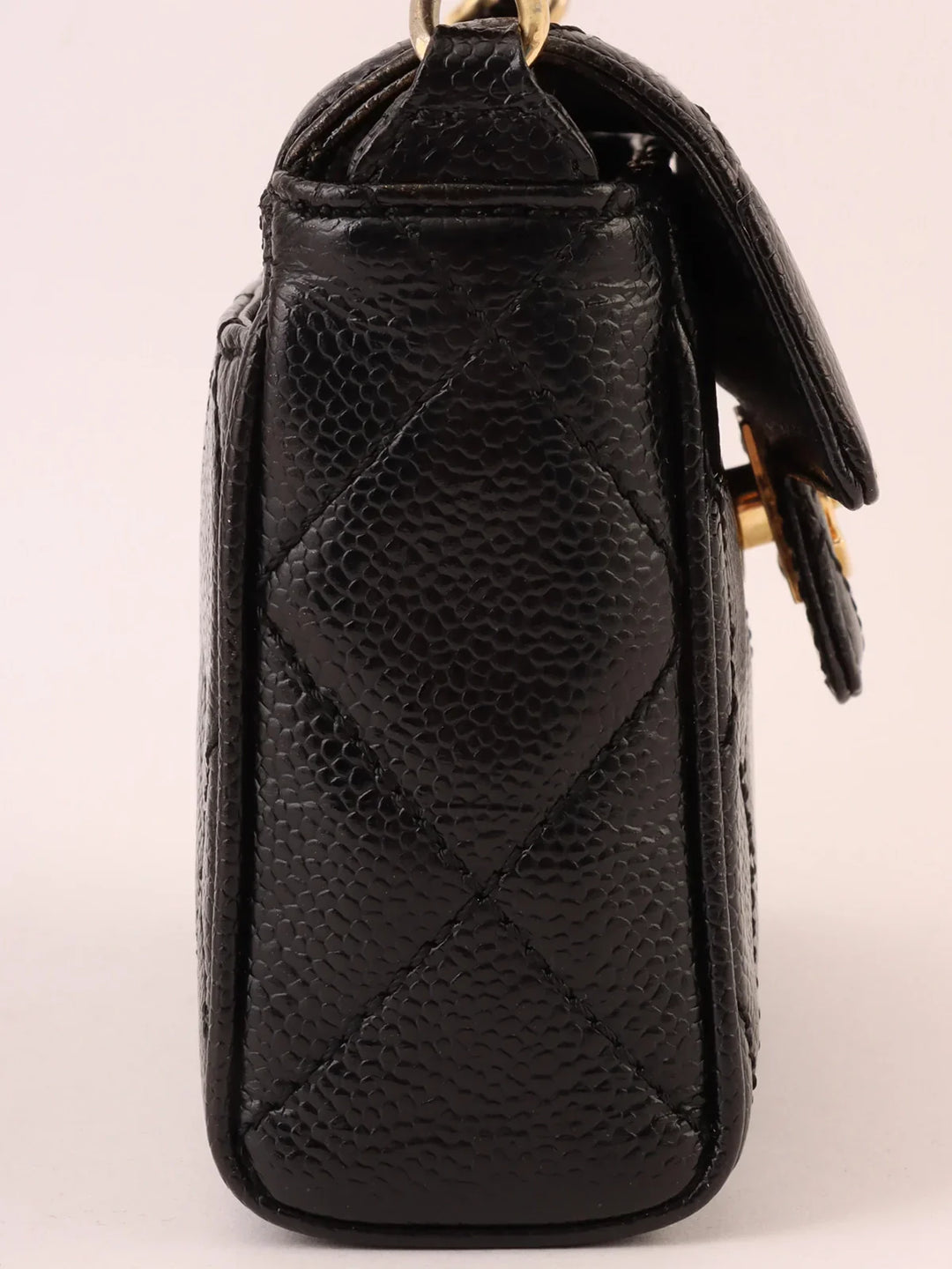 Chanel Around 2000 Made Caviar Skin Design New Turn-Lock Mini Chain Top Handle Bag Black