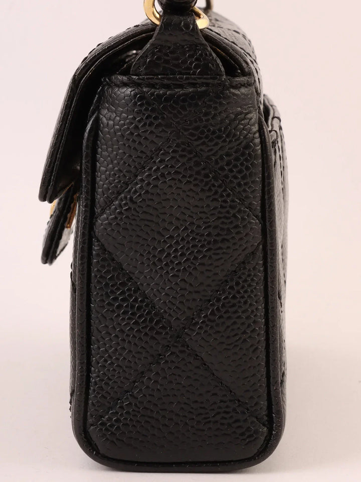 Chanel Around 2000 Made Caviar Skin Design New Turn-Lock Mini Chain Top Handle Bag Black
