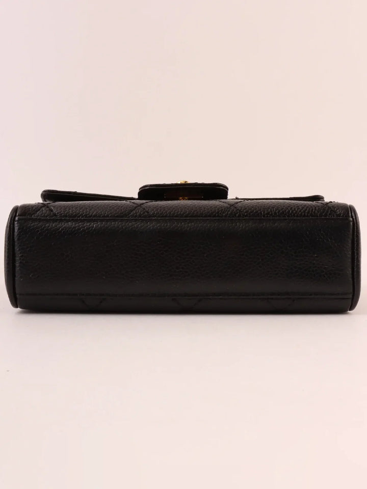 Chanel Around 2000 Made Caviar Skin Design New Turn-Lock Mini Chain Top Handle Bag Black
