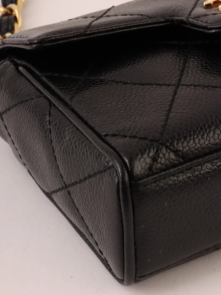 Chanel Around 2000 Made Caviar Skin Design New Turn-Lock Mini Chain Top Handle Bag Black