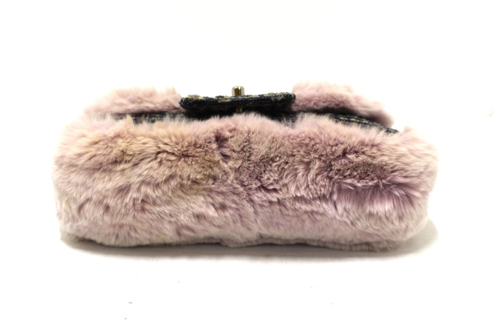 Vintage Top Quality Chanel Lilac Purple Fur Blue Tweed Flap Chain Shoulder Bag