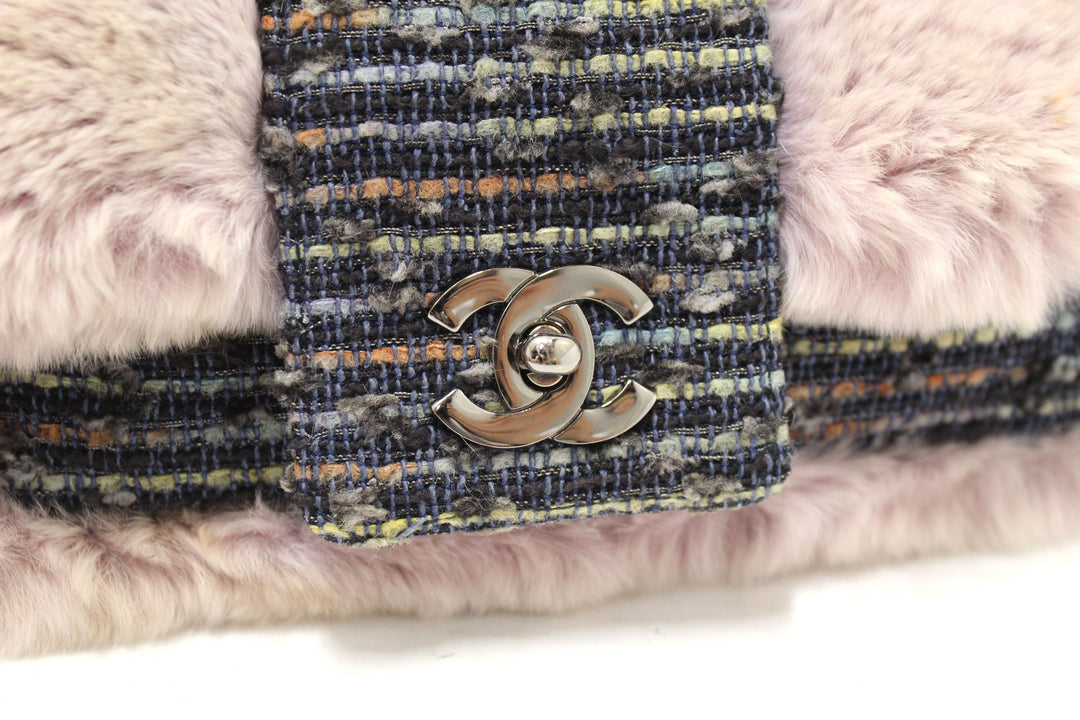Vintage Top Quality Chanel Lilac Purple Fur Blue Tweed Flap Chain Shoulder Bag