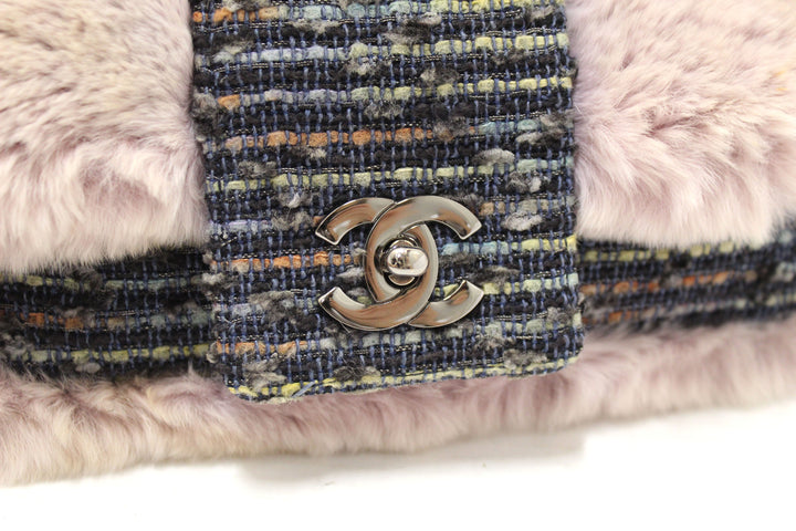 Vintage Top Quality Chanel Lilac Purple Fur Blue Tweed Flap Chain Shoulder Bag