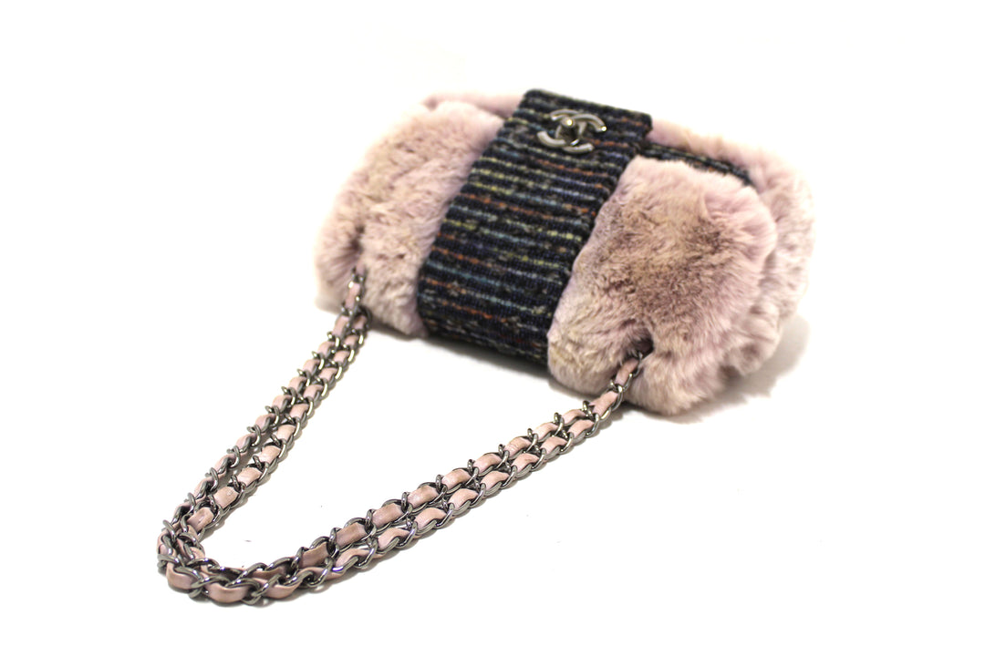 Vintage Top Quality Chanel Lilac Purple Fur Blue Tweed Flap Chain Shoulder Bag