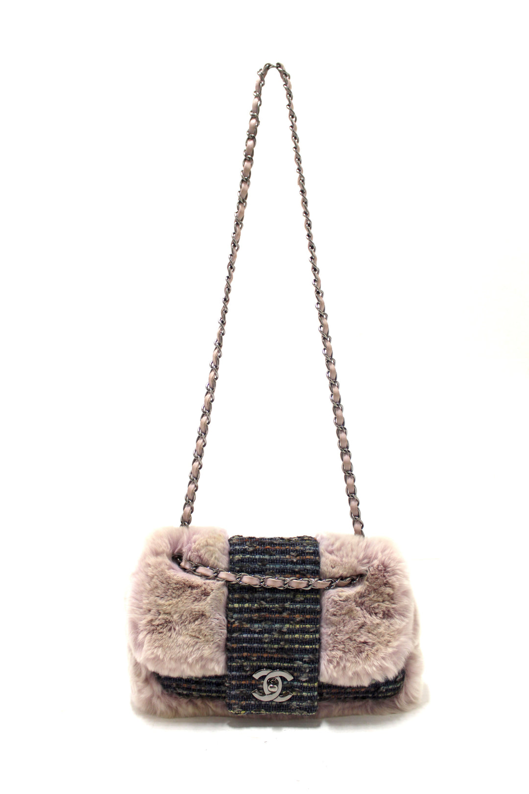 Vintage Top Quality Chanel Lilac Purple Fur Blue Tweed Flap Chain Shoulder Bag