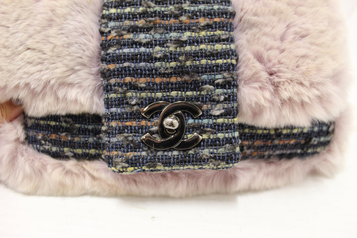 Vintage Top Quality Chanel Lilac Purple Fur Blue Tweed Flap Chain Shoulder Bag