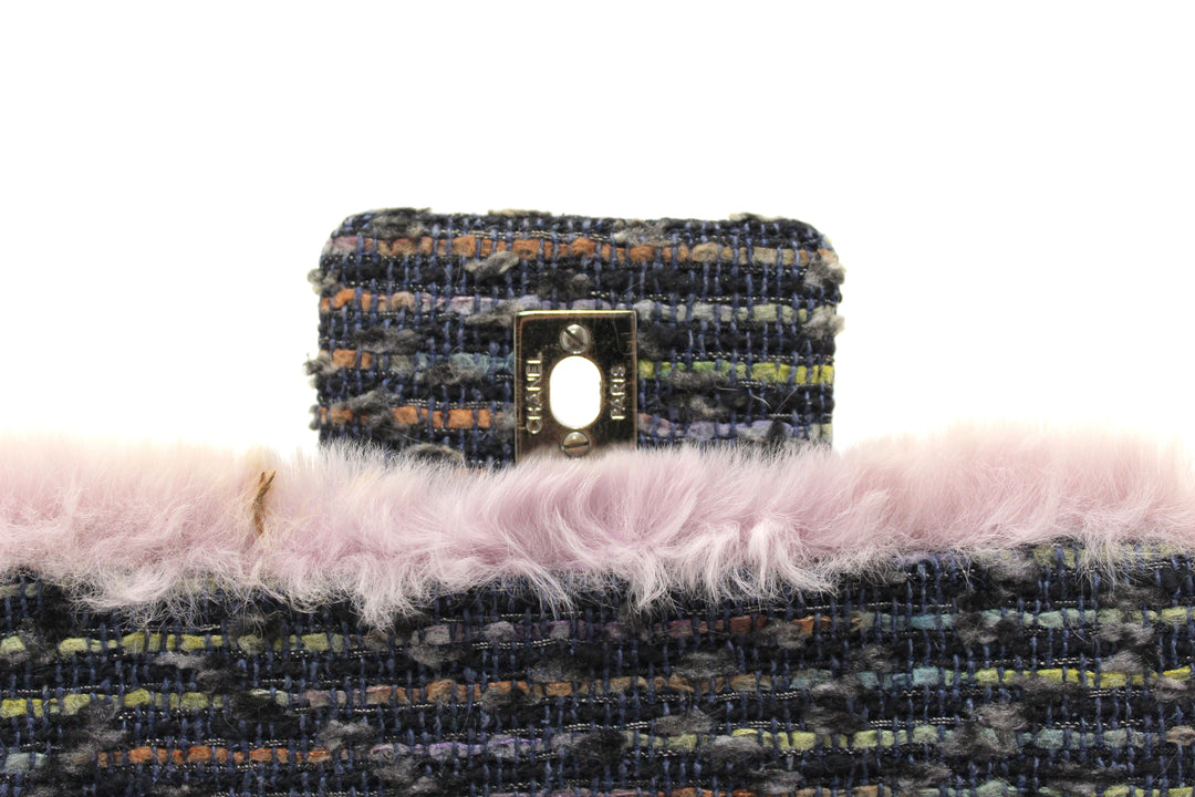 Vintage Top Quality Chanel Lilac Purple Fur Blue Tweed Flap Chain Shoulder Bag