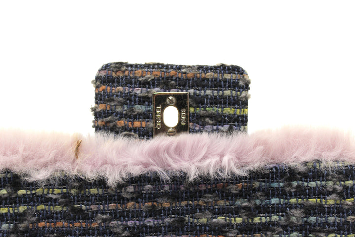 Vintage Top Quality Chanel Lilac Purple Fur Blue Tweed Flap Chain Shoulder Bag