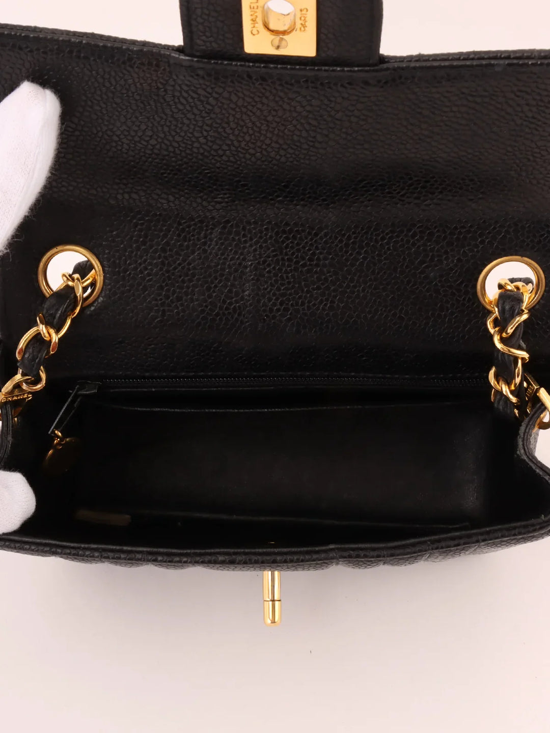 Chanel Around 1992 Made Caviar Skin Mademoiselle Stitch Turn-Lock Chain Bag Mini Black
