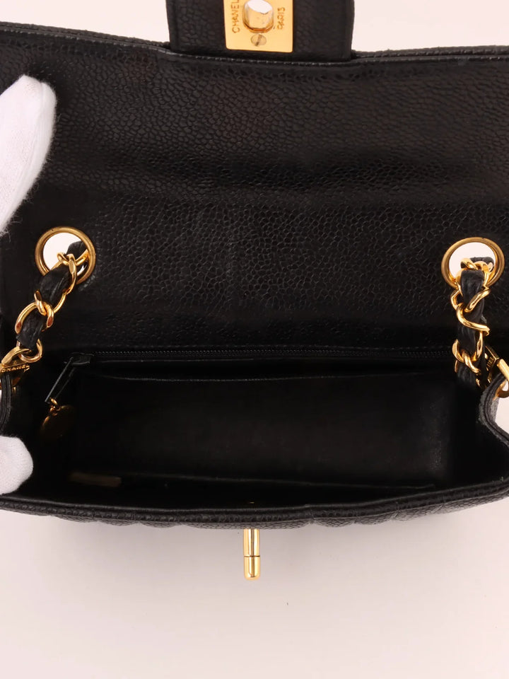 Chanel Around 1992 Made Caviar Skin Mademoiselle Stitch Turn-Lock Chain Bag Mini Black