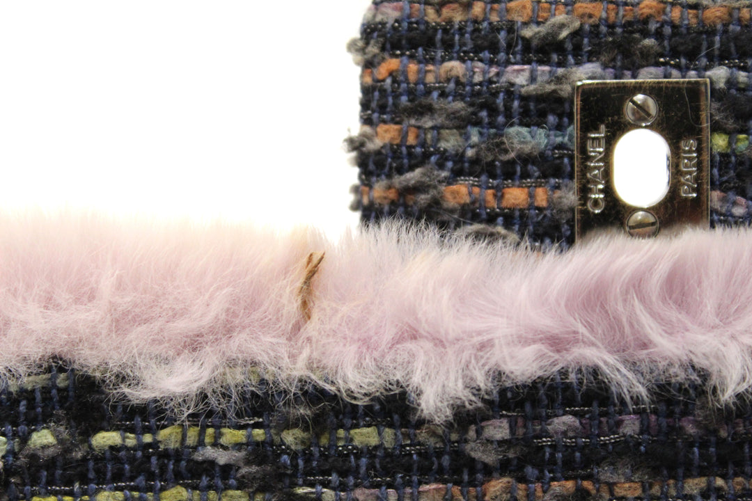 Vintage Top Quality Chanel Lilac Purple Fur Blue Tweed Flap Chain Shoulder Bag