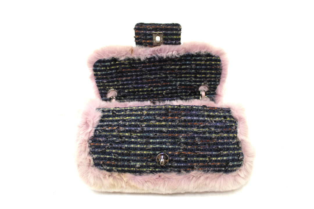 Vintage Top Quality Chanel Lilac Purple Fur Blue Tweed Flap Chain Shoulder Bag