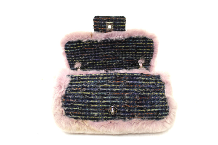 Vintage Top Quality Chanel Lilac Purple Fur Blue Tweed Flap Chain Shoulder Bag