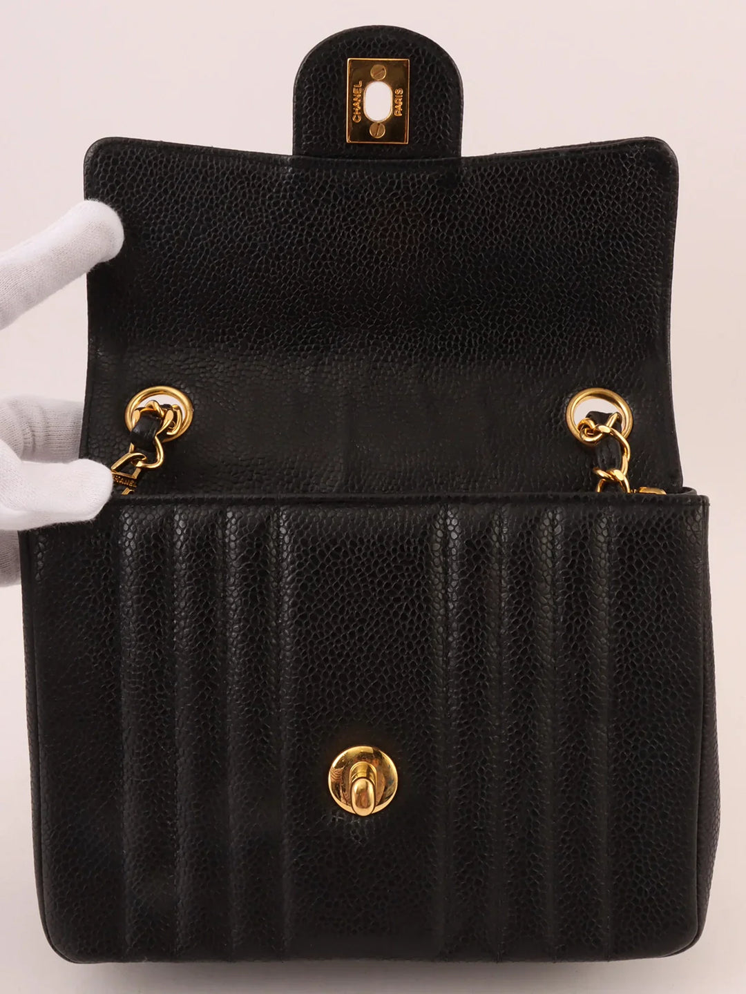 Chanel Around 1992 Made Caviar Skin Mademoiselle Stitch Turn-Lock Chain Bag Mini Black