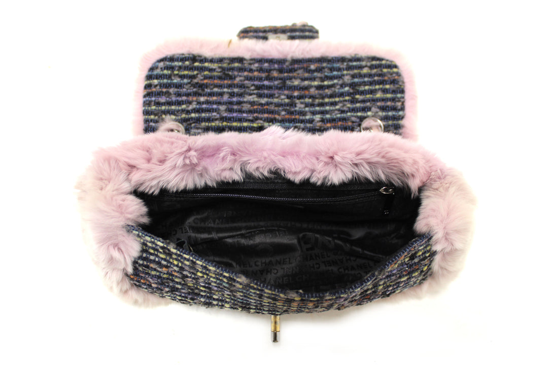 Vintage Top Quality Chanel Lilac Purple Fur Blue Tweed Flap Chain Shoulder Bag