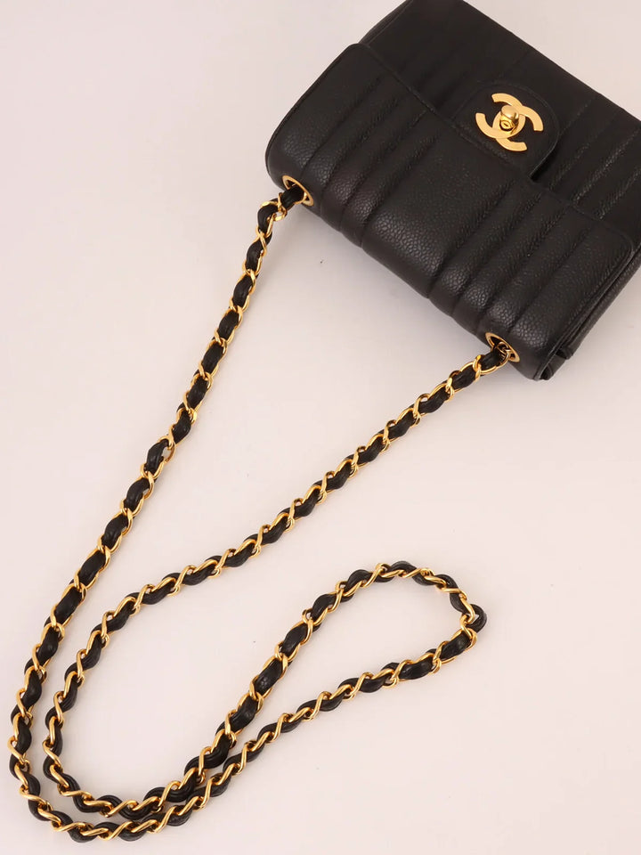 Chanel Around 1992 Made Caviar Skin Mademoiselle Stitch Turn-Lock Chain Bag Mini Black