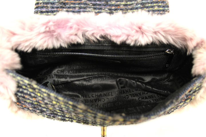 Vintage Top Quality Chanel Lilac Purple Fur Blue Tweed Flap Chain Shoulder Bag