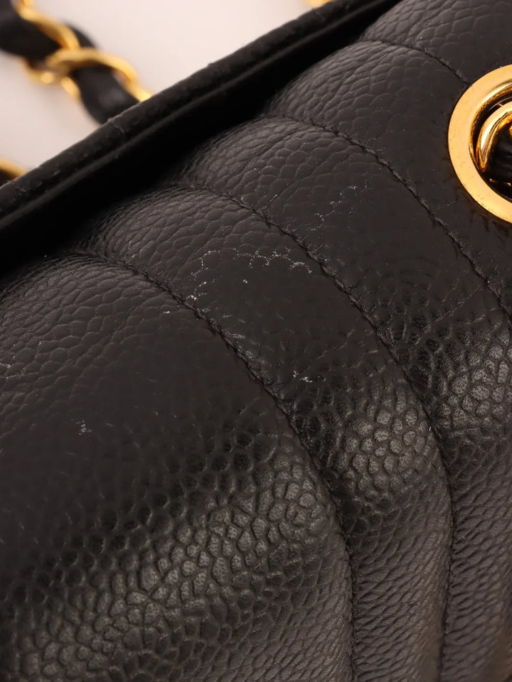 Chanel Around 1992 Made Caviar Skin Mademoiselle Stitch Turn-Lock Chain Bag Mini Black