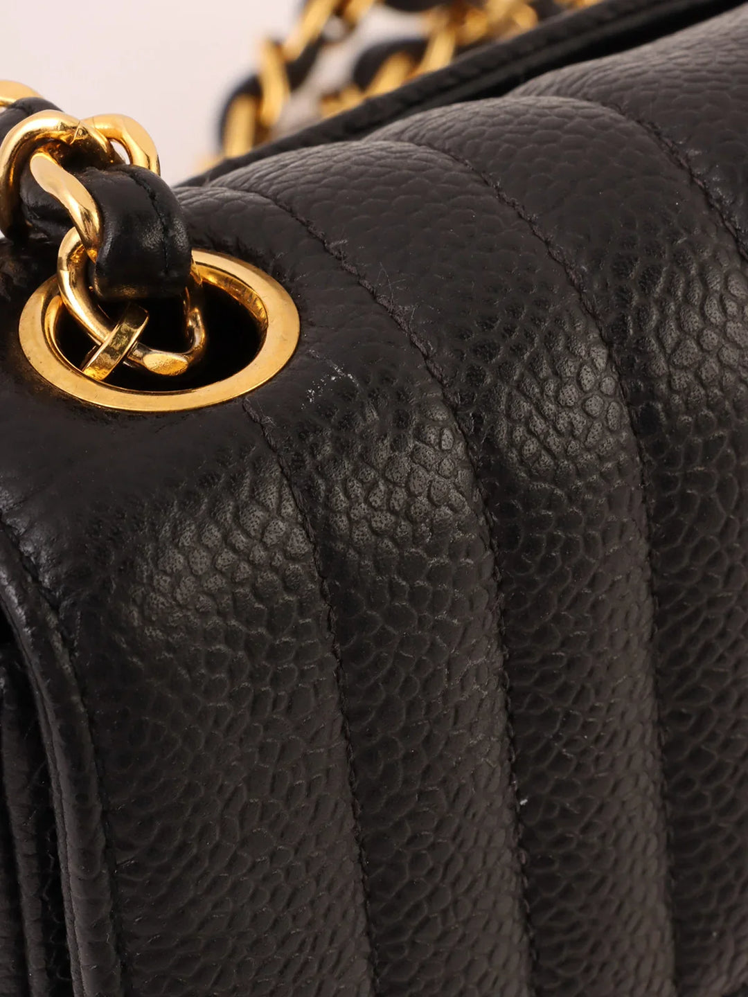 Chanel Around 1992 Made Caviar Skin Mademoiselle Stitch Turn-Lock Chain Bag Mini Black