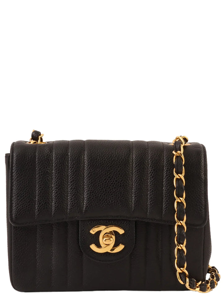 Chanel Around 1992 Made Caviar Skin Mademoiselle Stitch Turn-Lock Chain Bag Mini Black