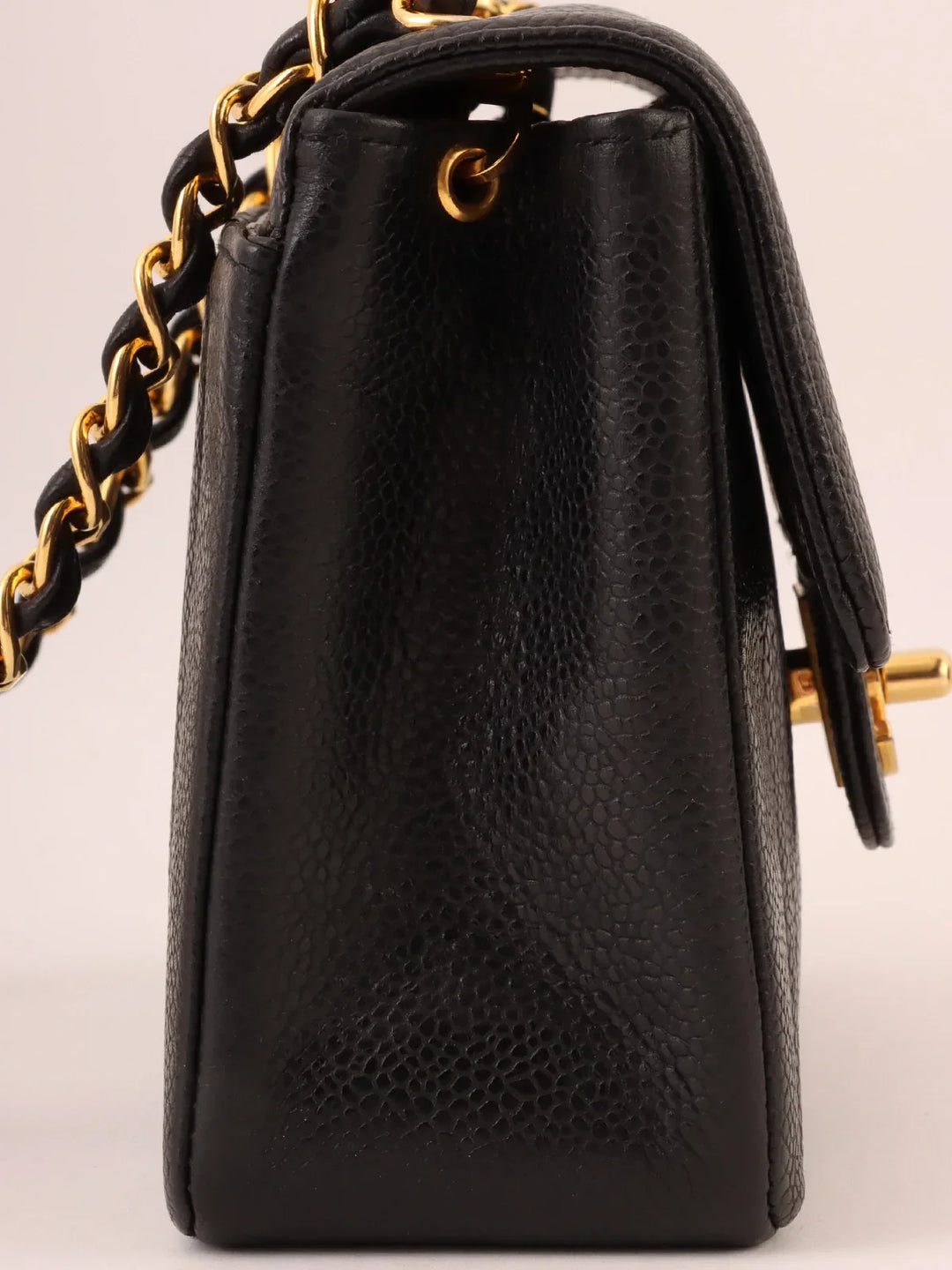 Chanel Around 1992 Made Caviar Skin Mademoiselle Stitch Turn-Lock Chain Bag Mini Black