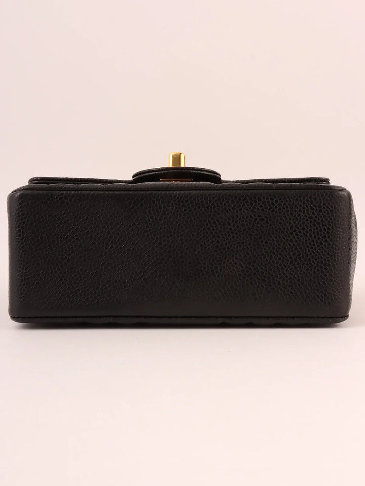 Chanel Around 1992 Made Caviar Skin Mademoiselle Stitch Turn-Lock Chain Bag Mini Black
